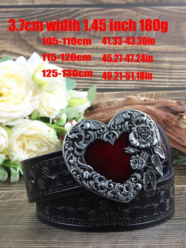 Unisex Punk Style Floral Embossing Heart Design Pu Buckle Belt, Fashion Belt for Party, Daily Clothing Decor, Trendy All-match & Exquisite Belt for Birthday Gift