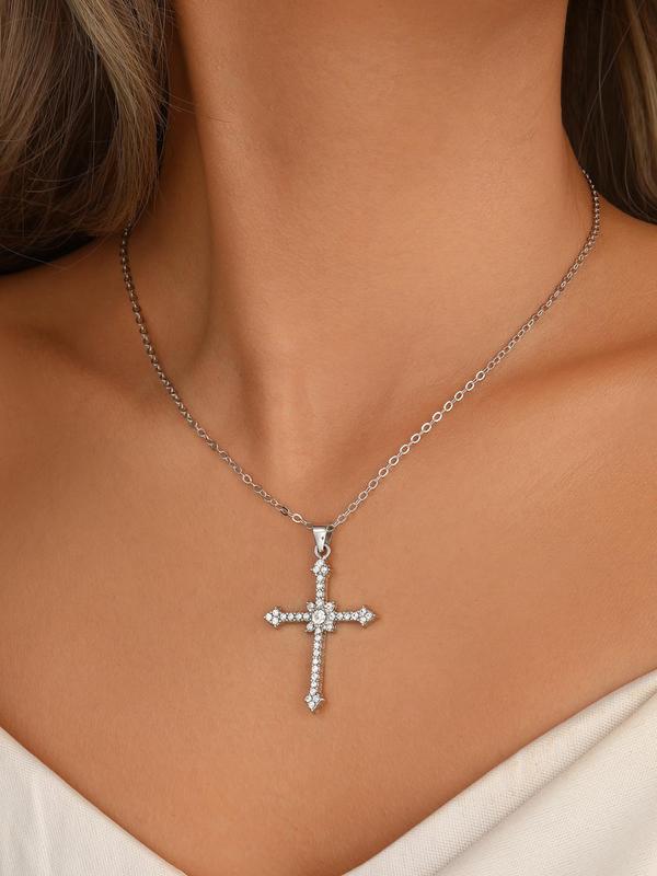 3pcs set Rhinestone Cross Pendant Necklace & Dangle Earrings, Elegant Jewelry Set For Party, Daily Clothing Decor For Girl