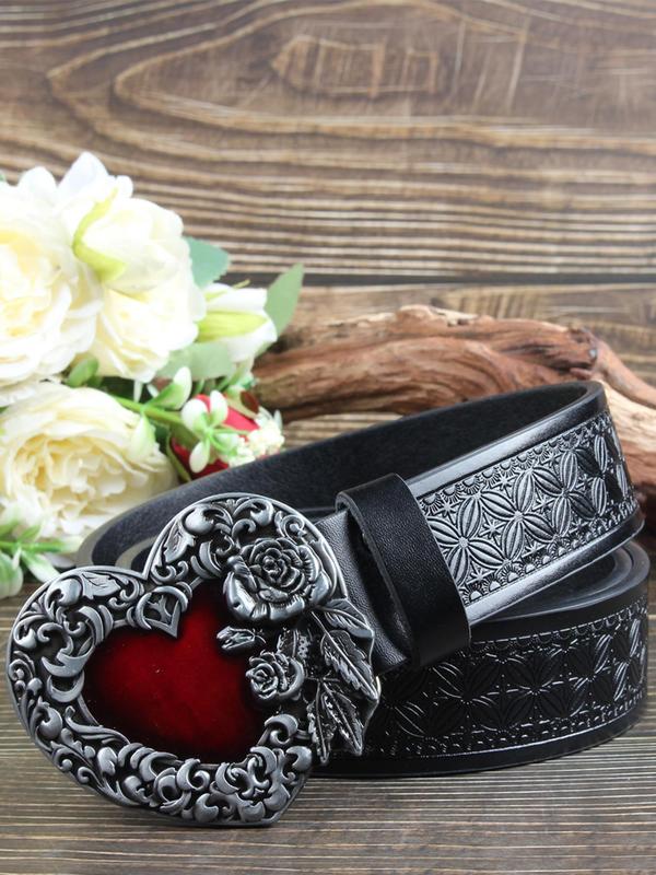 Unisex Punk Style Floral Embossing Heart Design Pu Buckle Belt, Fashion Belt for Party, Daily Clothing Decor, Trendy All-match & Exquisite Belt for Birthday Gift