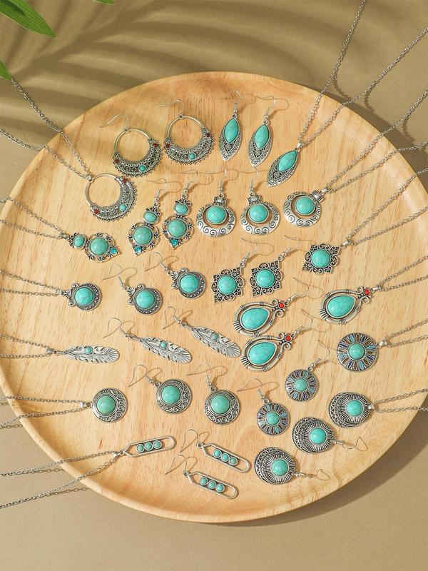 Boho Style Turquoise Decor Jewelry Set, 36pcs Jewelry Set, Vintage Pendant Necklace & Dangle Earrings, Fashion Jewelry Accessories for Women As Gift