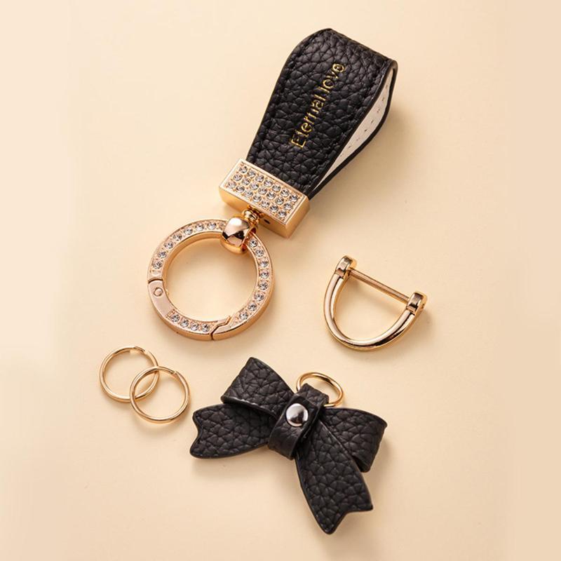 Premium PU Leather Bowknot Decor Car Keychain, Fashion Car Key Ring with Bow Decor, Exquisite Car Keychain for Women & Girls