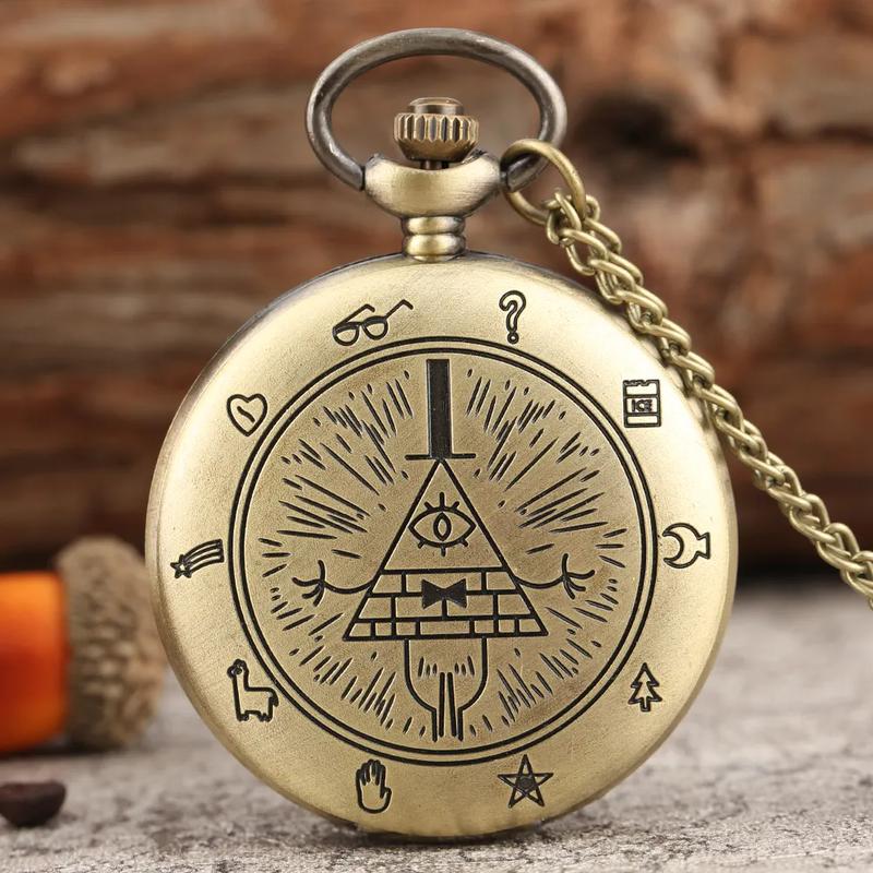 Retro Bronze Necklace Jewelry Chain Clock Quartz Analog Steampunk Bill Cipher Gravity Falls Pocket Watch For Men Gift