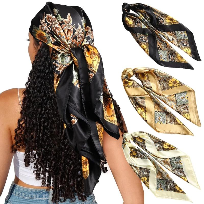 3-piece suit 35 Inches Large Printed Silk Like Texture Square Head Scarf Neck Scarves for Women Hair Kerchief Bandanas Scarf Sleeping Head Wraps Hair Band Headscarf Female Hair Accessories