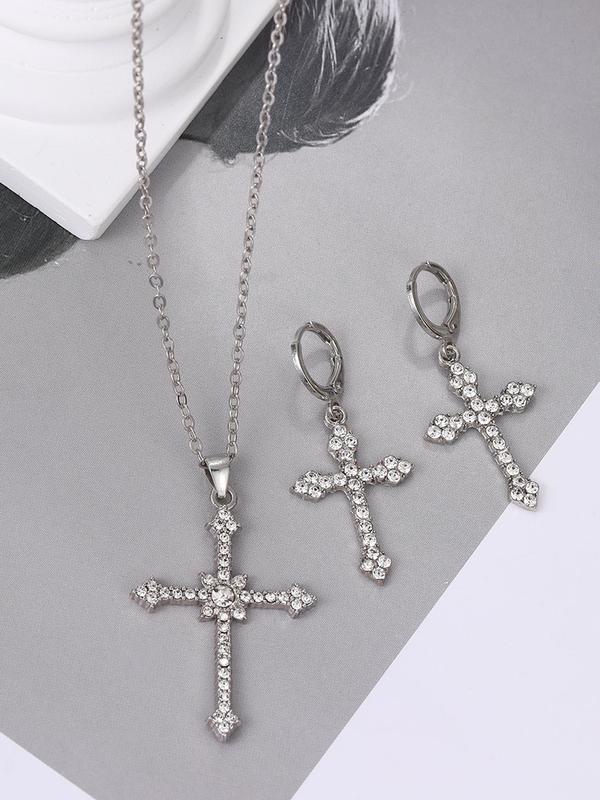 3pcs set Rhinestone Cross Pendant Necklace & Dangle Earrings, Elegant Jewelry Set For Party, Daily Clothing Decor For Girl