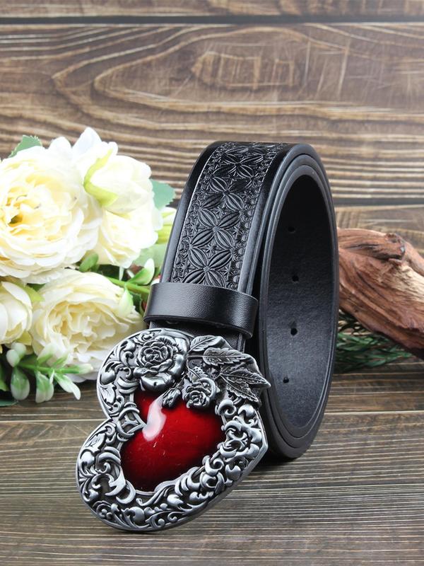 Unisex Punk Style Floral Embossing Heart Design Pu Buckle Belt, Fashion Belt for Party, Daily Clothing Decor, Trendy All-match & Exquisite Belt for Birthday Gift