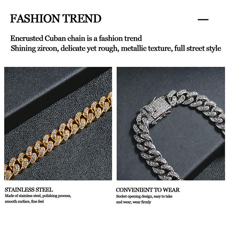 Hip Hop Geometric Cuban Chain Neckiace Fashionable High Quality Hip Hop Rhinestone Neckiace Bracelet Jewelry Gifts