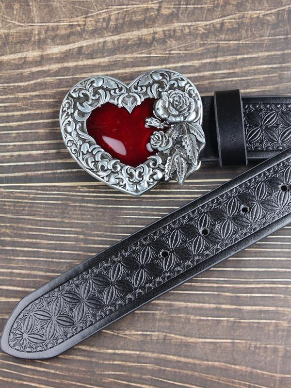 Unisex Punk Style Floral Embossing Heart Design Pu Buckle Belt, Fashion Belt for Party, Daily Clothing Decor, Trendy All-match & Exquisite Belt for Birthday Gift