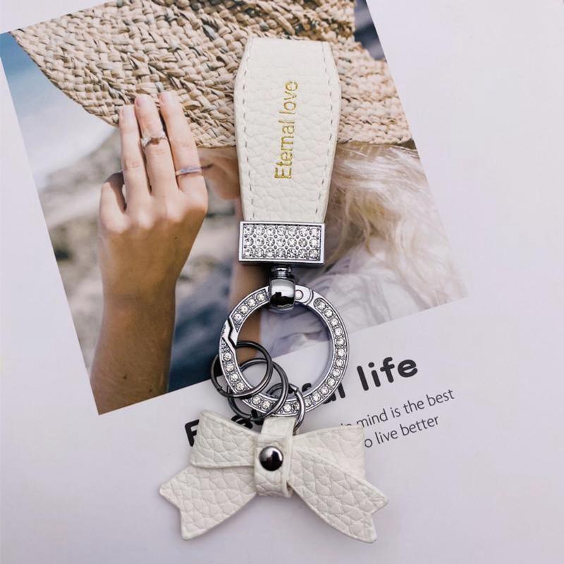 Premium PU Leather Bowknot Decor Car Keychain, Fashion Car Key Ring with Bow Decor, Exquisite Car Keychain for Women & Girls