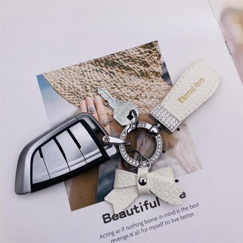 Premium PU Leather Bowknot Decor Car Keychain, Fashion Car Key Ring with Bow Decor, Exquisite Car Keychain for Women & Girls