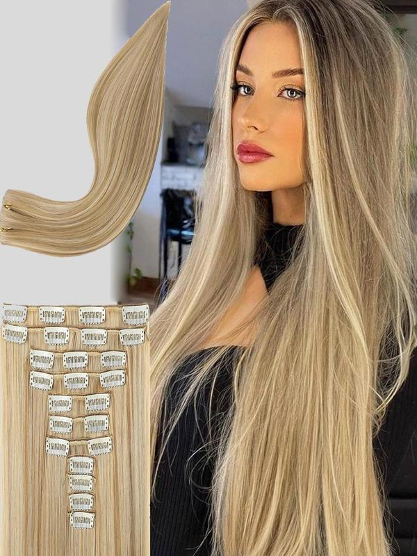 24 Inch Long Straight Clip-in Hair Extensions, Natural Soft Synthetic Hairpieces for Women, Increase Hair Volume for Holiday Use