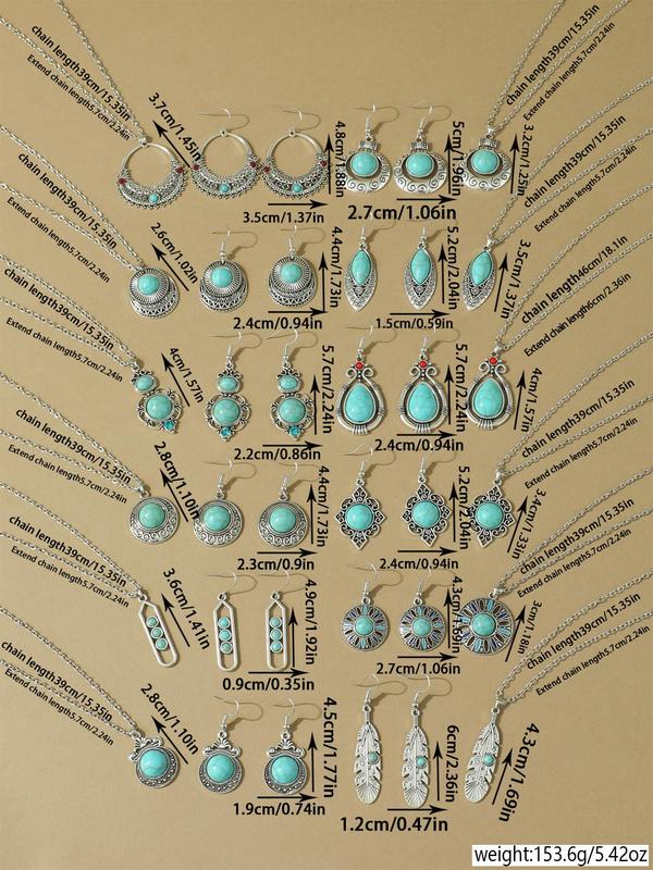 Boho Style Turquoise Decor Jewelry Set, 36pcs Jewelry Set, Vintage Pendant Necklace & Dangle Earrings, Fashion Jewelry Accessories for Women As Gift