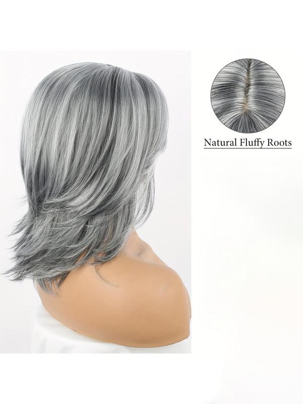 Grey Layered Wig, Natural Wave Hair Wig with Curtain Bangs, Black and Grey Shoulder Length Layered Wig for Women, Heat Resistant Fiber Synthetic Hair Wig