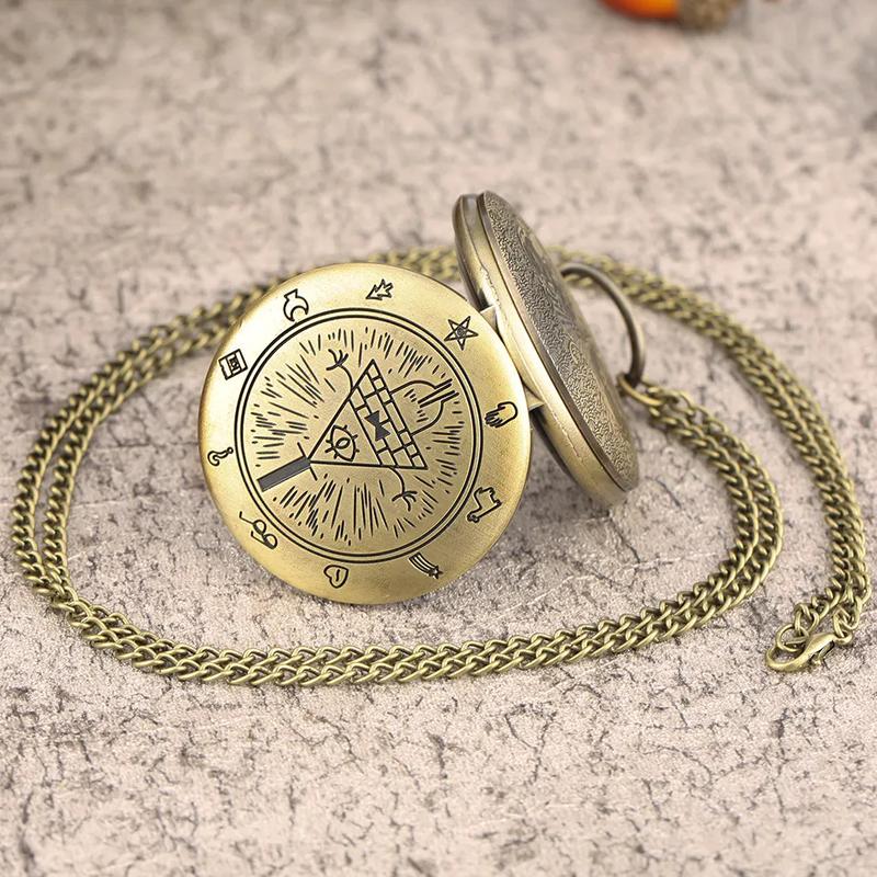 Retro Bronze Necklace Jewelry Chain Clock Quartz Analog Steampunk Bill Cipher Gravity Falls Pocket Watch For Men Gift