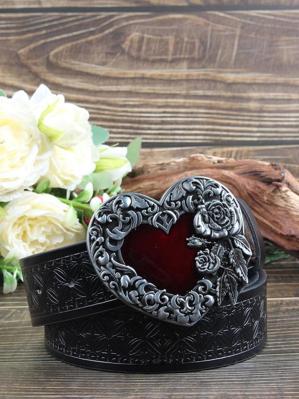 Unisex Punk Style Floral Embossing Heart Design Pu Buckle Belt, Fashion Belt for Party, Daily Clothing Decor, Trendy All-match & Exquisite Belt for Birthday Gift