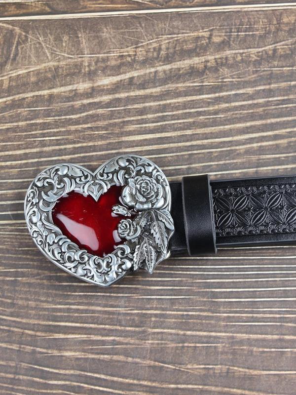 Unisex Punk Style Floral Embossing Heart Design Pu Buckle Belt, Fashion Belt for Party, Daily Clothing Decor, Trendy All-match & Exquisite Belt for Birthday Gift