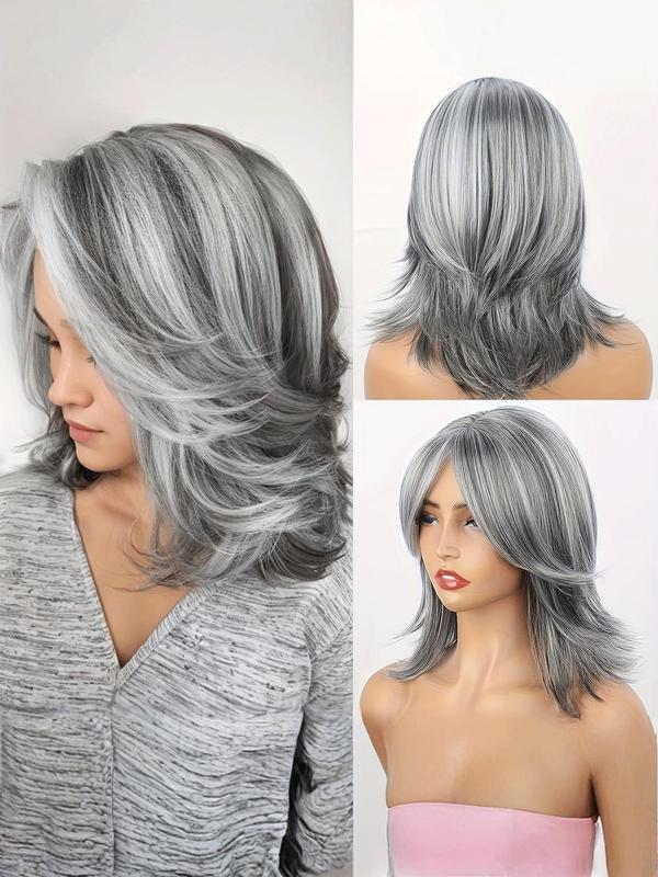 Grey Layered Wig, Natural Wave Hair Wig with Curtain Bangs, Black and Grey Shoulder Length Layered Wig for Women, Heat Resistant Fiber Synthetic Hair Wig