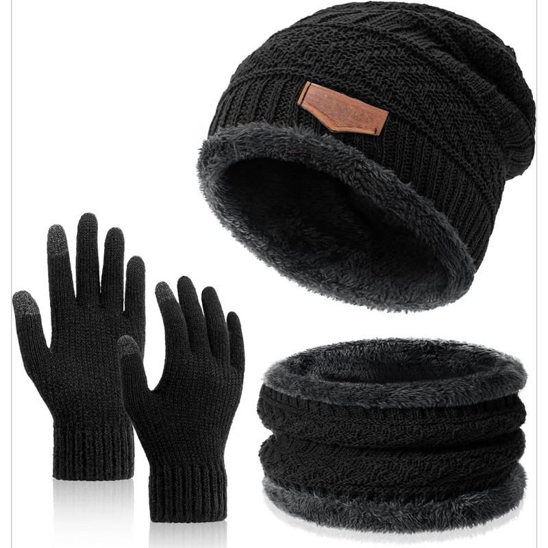 Winter Beanie Hat Circle Scarves Touchscreen Gloves Set, Warm Thick Fleece Lined Skull Cap Gloves Neck Warmer for Women Men