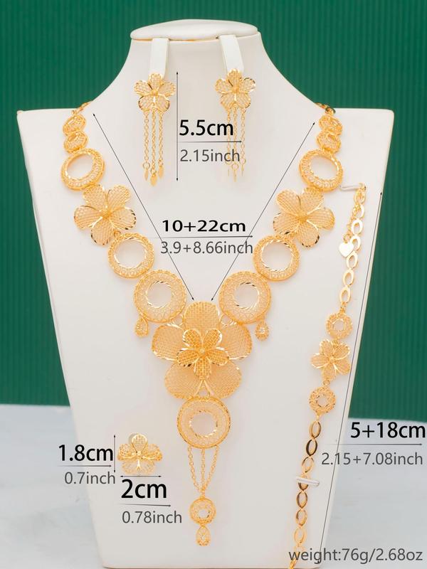 Flower Design Jewelry Set, Elegant Necklace & Dangle Earrings & Ring & Bracelet, Fashion Jewelry Accessories for Women As Gift