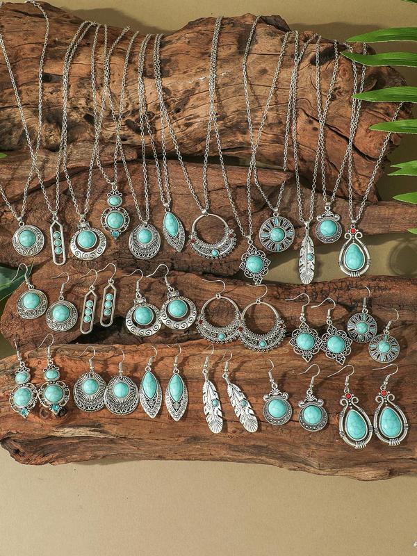 Boho Style Turquoise Decor Jewelry Set, 36pcs Jewelry Set, Vintage Pendant Necklace & Dangle Earrings, Fashion Jewelry Accessories for Women As Gift