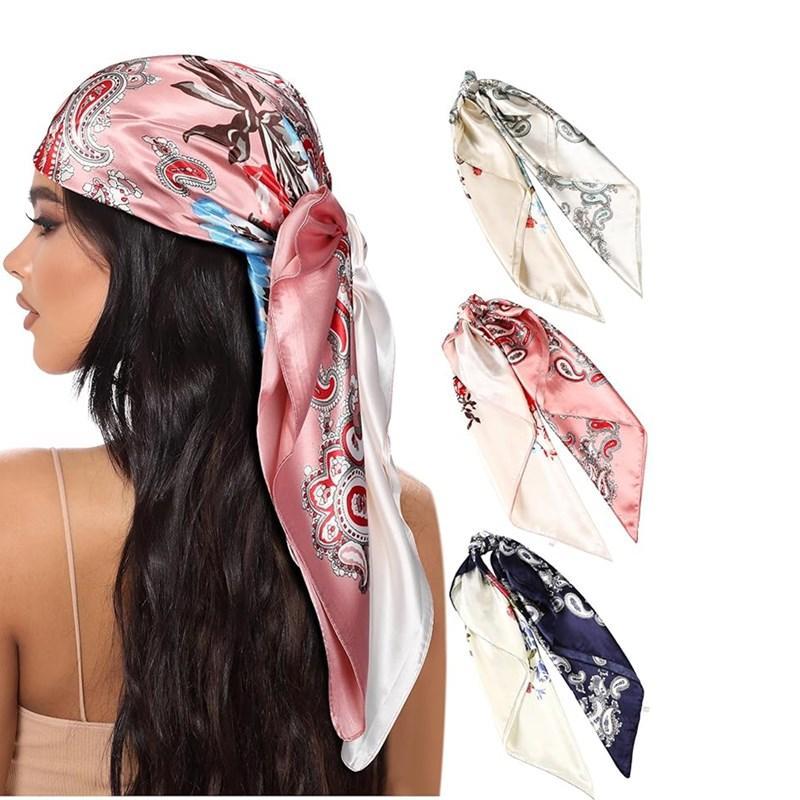 3-piece suit 35 Inches Large Printed Silk Like Texture Square Head Scarf Neck Scarves for Women Hair Kerchief Bandanas Scarf Sleeping Head Wraps Hair Band Headscarf Female Hair Accessories