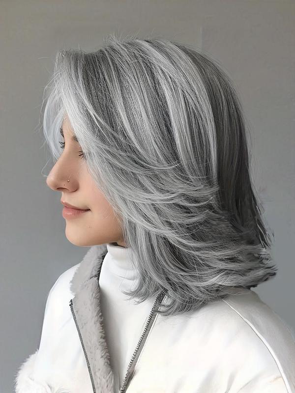 Grey Layered Wig, Natural Wave Hair Wig with Curtain Bangs, Black and Grey Shoulder Length Layered Wig for Women, Heat Resistant Fiber Synthetic Hair Wig