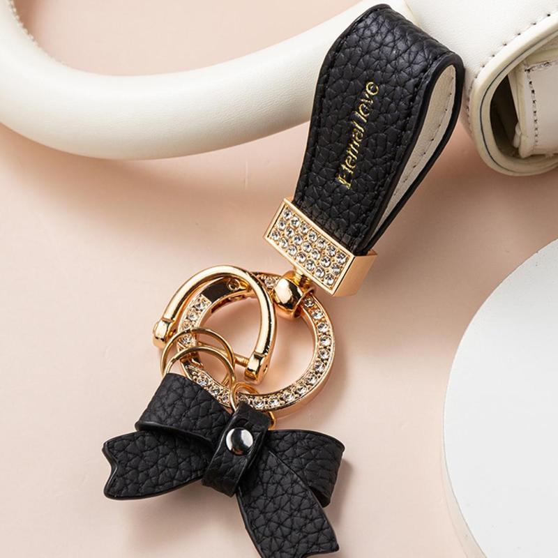 Premium PU Leather Bowknot Decor Car Keychain, Fashion Car Key Ring with Bow Decor, Exquisite Car Keychain for Women & Girls