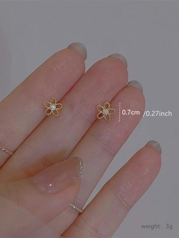 Hollow Flower Design Stud Earrings, Trendy Rhinestone Decor Small Floral Design Matching Jewelry, Cute Accessories for Women and Girls, Gift for Girlfriends