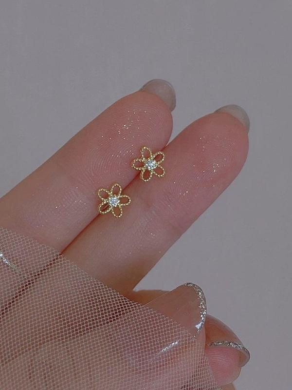 Hollow Flower Design Stud Earrings, Trendy Rhinestone Decor Small Floral Design Matching Jewelry, Cute Accessories for Women and Girls, Gift for Girlfriends