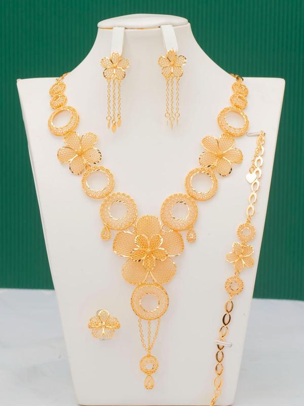 Flower Design Jewelry Set, Elegant Necklace & Dangle Earrings & Ring & Bracelet, Fashion Jewelry Accessories for Women As Gift