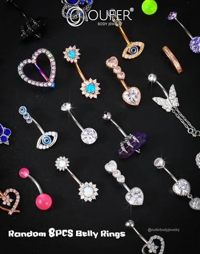 Belly Button Rings, 316L Stainless Steel Belly Rings, 14G Belly Button Piercing, Random 8PCS Belly Piercing Jewelry, Navel Rings for Women