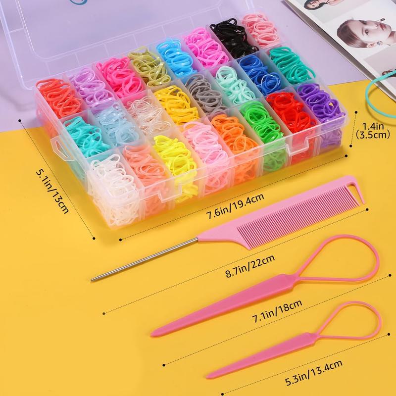 2000 pcs Mini Hair Rubber Bands ,  Elastic Hair Bands 24 Colors, with Organizer Box, Soft Small Girl Hair Ties, Colorful  Rubber Bands Set with Hair Tail Tools, Rat Tail Comb