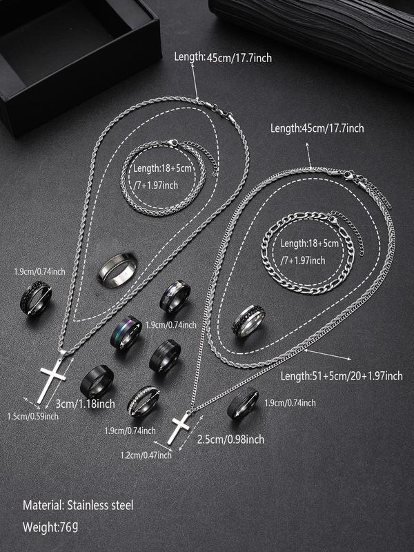 Punk Style Stainless Steel Jewelry Set (14pcs), Fashion Cross Pendant Necklace Chain Bracelet Ring Jewelry for Party, Daily Clothing Decor, Trendy All-match & Exquisite Jewelry for Birthday Gift