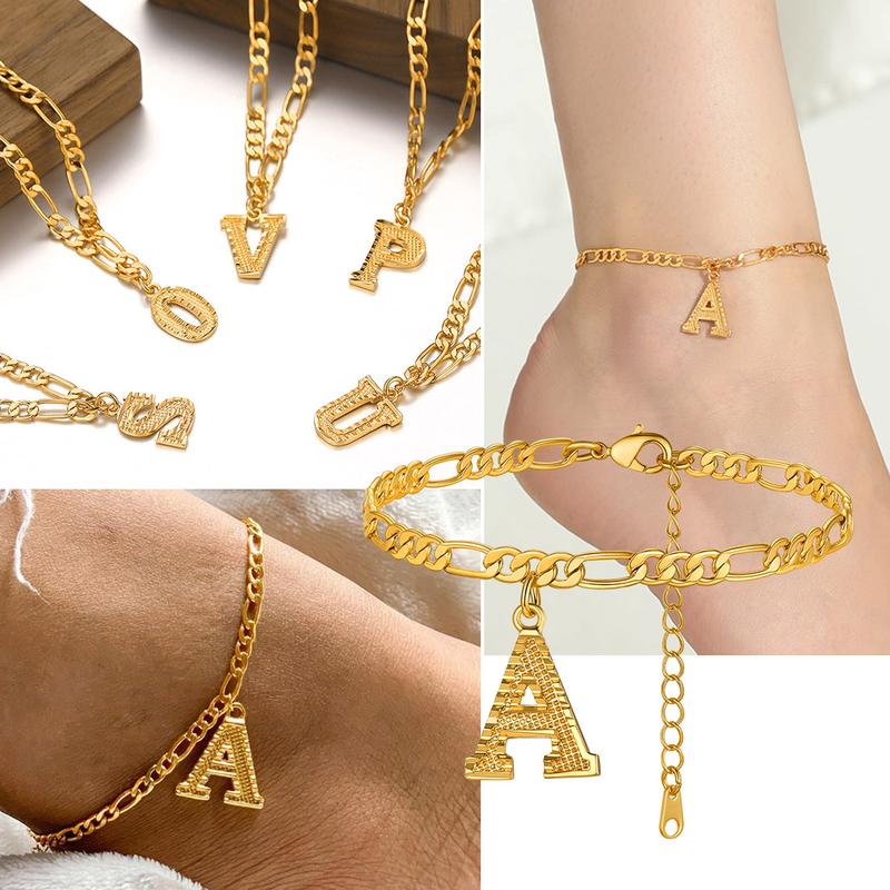 Richsteel Initials Anklets 4.5MM Figaro Chain Letter Anklet Stainless Steel Summer Jewelry Beach Jewelry 22-27cm Length for Women Men