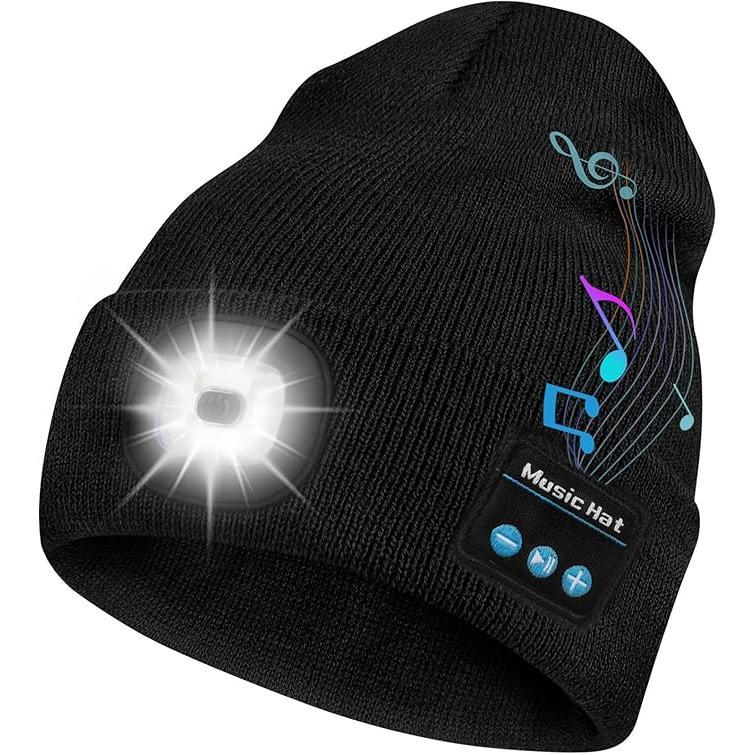 Bluetooth Beanie with Light, Unisex USB Rechargeable LED Fashlight Hat, Headlamp Cap with Headphones and Built-in Speaker Mic, Warm Knitted Cap Winter Hat, Unique Christmas Birthday Gifts for Men Women Teen Black