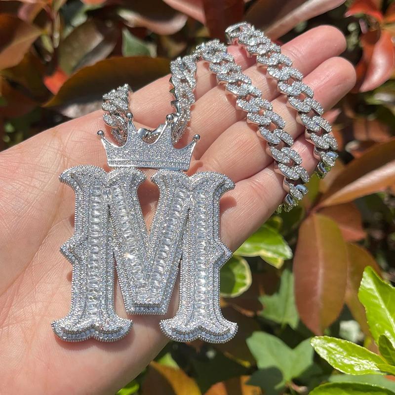 Crown Letters Alphabets Chain Pendant Name Custom Initials Letter Cubic Zirconia Jewelry Men Women Hip Hop Daily Wear Decor