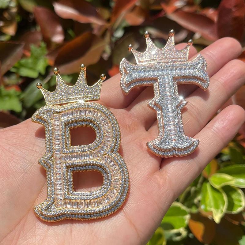 Crown Letters Alphabets Chain Pendant Name Custom Initials Letter Cubic Zirconia Jewelry Men Women Hip Hop Daily Wear Decor