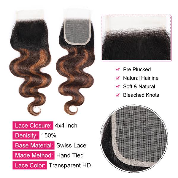 FB 30 Highlight Body Wave Bundles With 4×4 Closure Colored Human Hair Weave Hair Extensions For Women