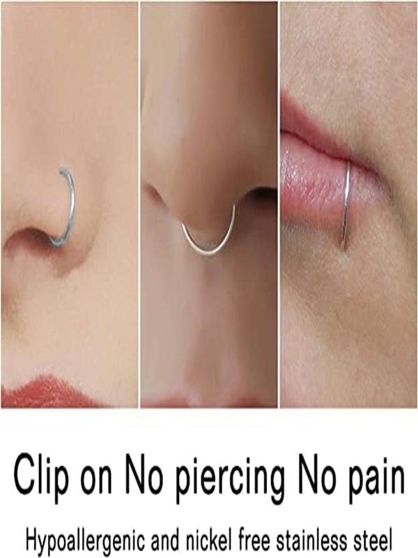 6pcs set Unisex Punk Trendy Fake Nose Rings & Lip Rings, Stainless Steel Body Jewelry Without Piercing, Street Trend Body Jewelry for Party & Daily Decoration