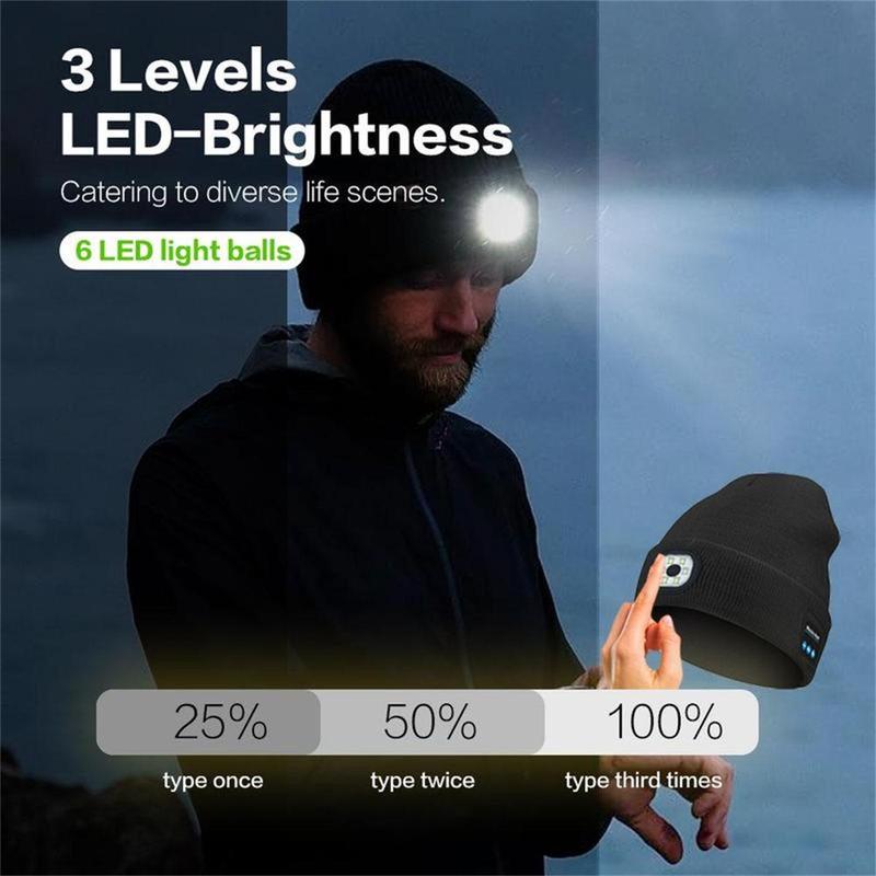 Bluetooth Beanie with Light, Unisex USB Rechargeable LED Fashlight Hat, Headlamp Cap with Headphones and Built-in Speaker Mic, Warm Knitted Cap Winter Hat, Unique Christmas Birthday Gifts for Men Women Teen Black