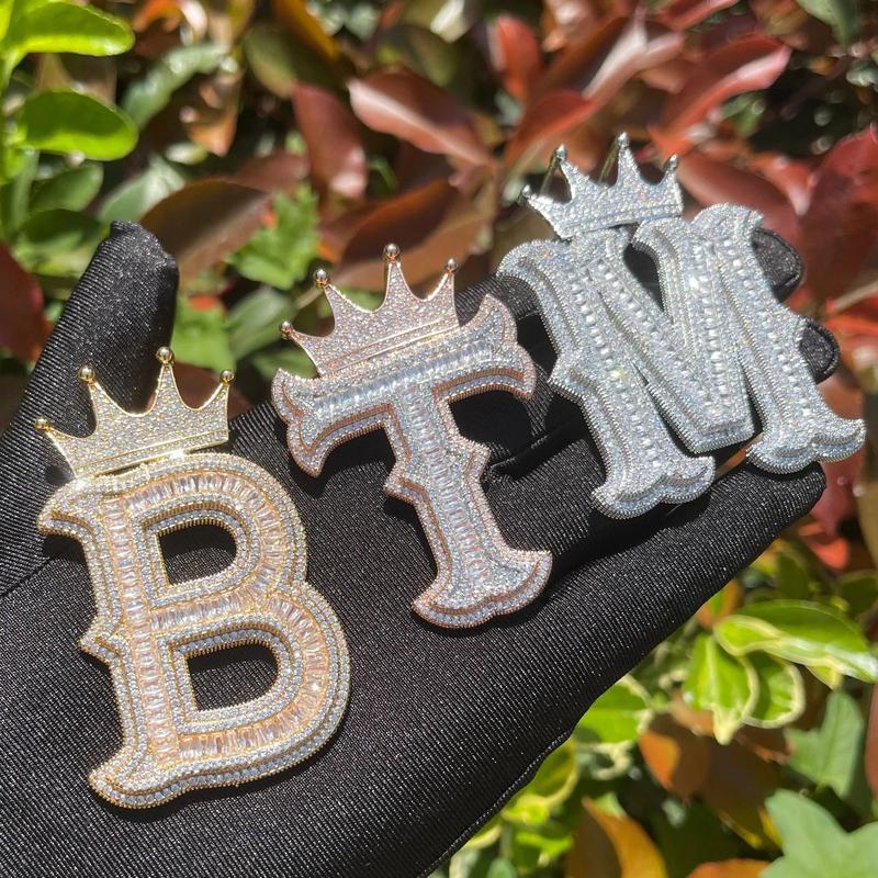 Crown Letters Alphabets Chain Pendant Name Custom Initials Letter Cubic Zirconia Jewelry Men Women Hip Hop Daily Wear Decor