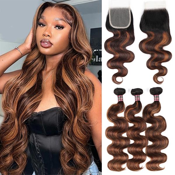 FB 30 Highlight Body Wave Bundles With 4×4 Closure Colored Human Hair Weave Hair Extensions For Women