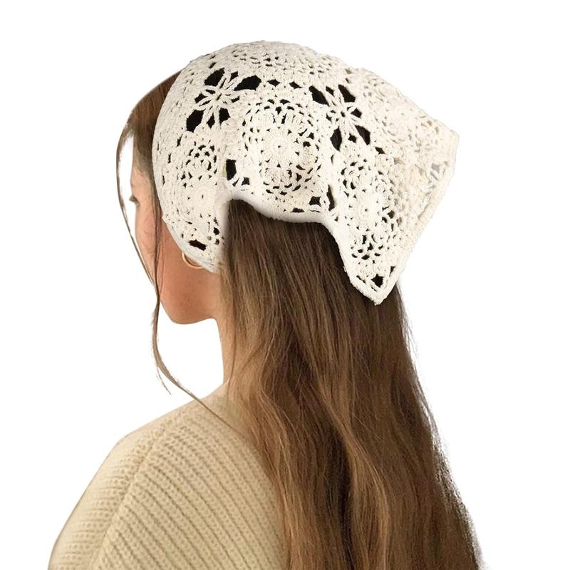 2-piece set Floral Crochet Bandana Head Kerchief Hair Scarf Knitted Hair Scarves Headscarf Tie Vintage Bandanas Headwrap Headband for Women And Girl