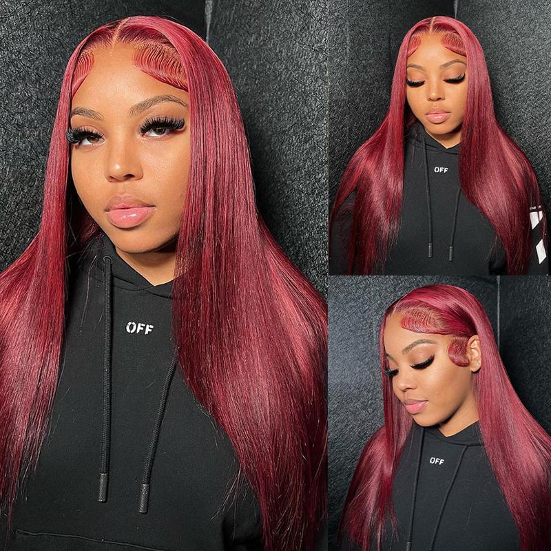 13x4 13x6 HD Lace Front Wig Human Hair Wigs 99J Red Burgundy Colored HD Transparent Pre Plucked Lace Frontal Human Hair Wigs Straight Buy 1  99J Wig Get 1 Pink Bag 1 HD Wig Cap 1 Brown Wig Cap and 1 Eyelashes