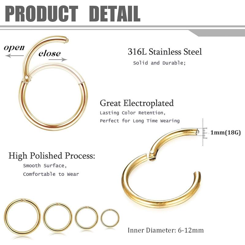 MILACOLATO 6-8 Pcs 6-12mm Stainless Steel 16g 18g Cartilage Hoop Earrings for Men Women Nose Ring Helix Septum Couch Daith Lip Tragus Piercing Jewelry Set Daily