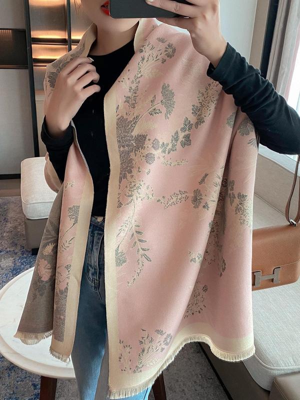 Boho Style Floral Pattern Double Sided Scarf, Casual Soft Warm Shawl for Women & Men, Fashion Accessories for Daily Wear