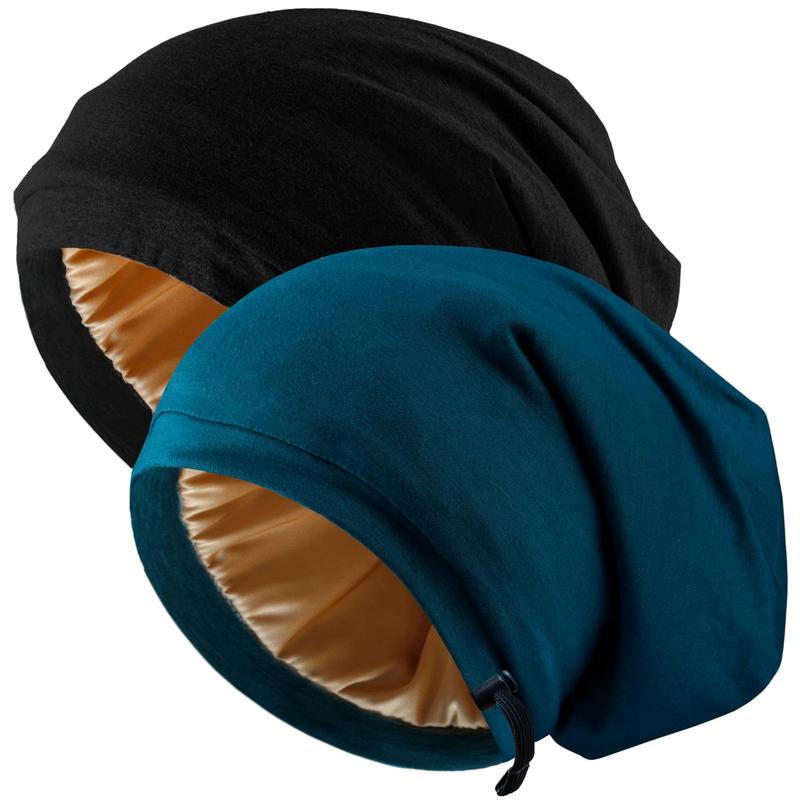 Silk Satin Bonnet Hair Wrap for Sleeping, 2 Pcs Adjustable Silk Bonnets for Women Men Sleep Cap Silk Lined Slouchy with Adjustable Strap Curly Hair Head Scarf Night Caps