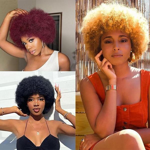 Onetide Hair Afro Kinky Curly Blonde Wig For Women 100% Human Hair Soft and Fluffy Glueless Wigs 80s Kinky Curly Wig Cosplay or Daily Use Wigs 180% Density Pixie Curl Afro Wig