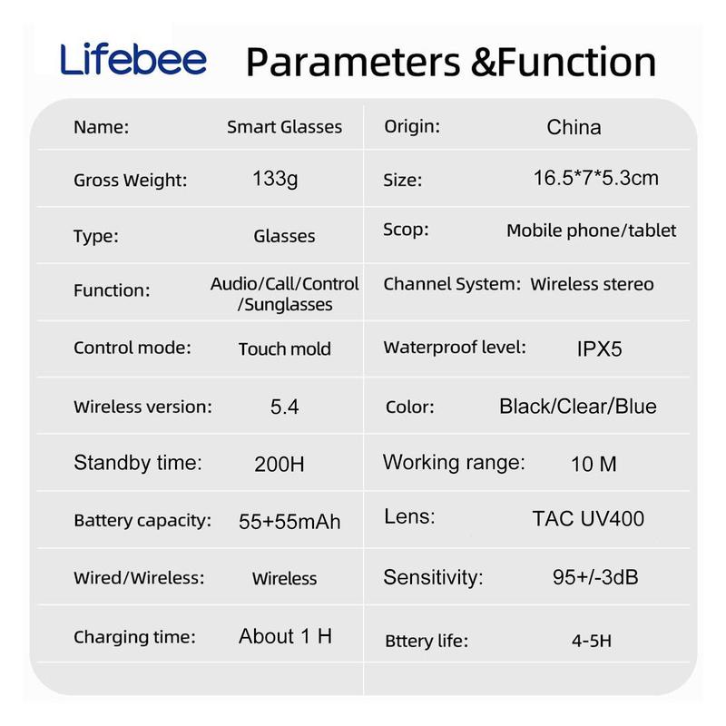 LIFEBEE Multifunctional Smart Glasses, Wireless Smart Glasses with Wireless Speaker, Voice Assistant, Intelligent Audio Glasses for Men & Women