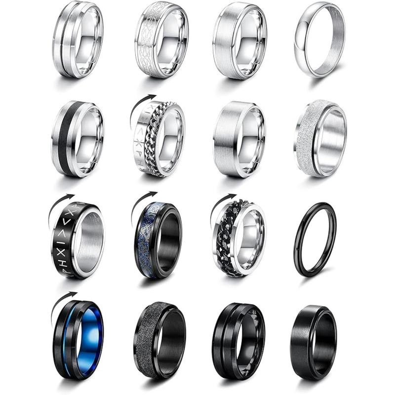 FLORIDECO 16Pcs Stainless Steel Band Rings for Men Women Fidget Rings for Anxiety Cool Spinner Chain Rings Wedding Promise Band Rings Men Cuban Link Chain Fashion Rings Pack Size 7-13 Daily