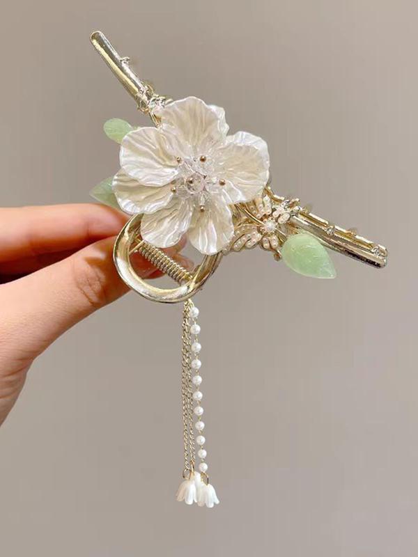 Elegant Flower & Rhinestone Decor Hair Claw, Exquisite Tassel Design Hair Claw, Fashion Hair Accessories for Women & Girls